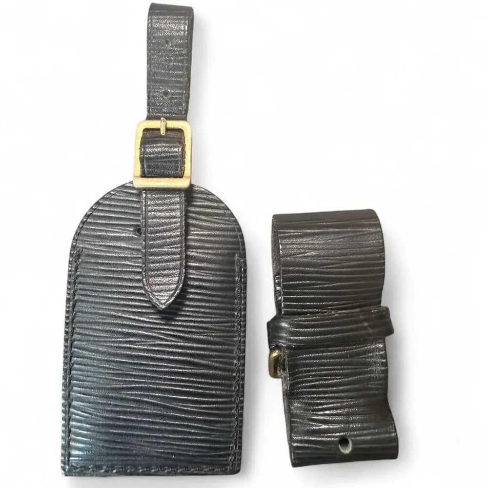 Louis Vuitton Black Epi Leather Luggage Tag & Strap Set Gold Made in France